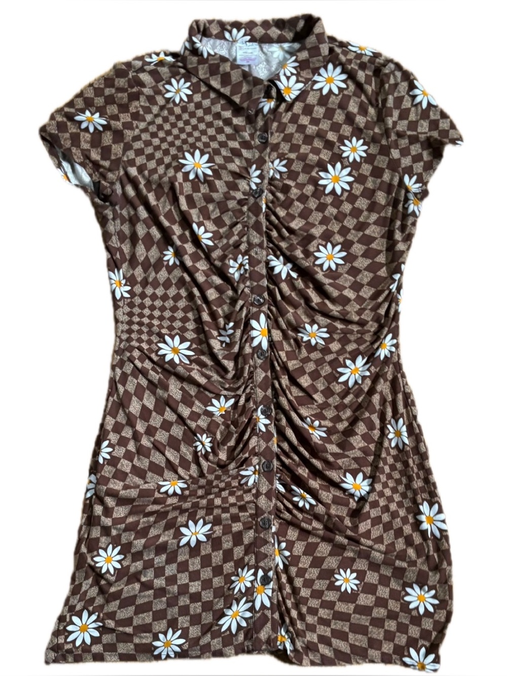 Brown Checkered Daisy Print Mini Shirt Dress Juniors Size XXL 19 Ruched Fitted